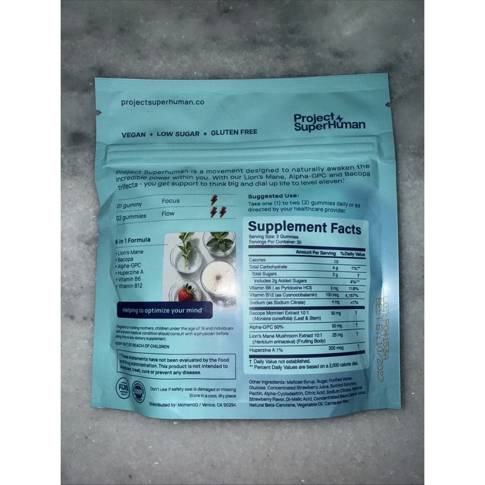 Project SuperHuman MindFlex Brain Optimization Gummies Lions Mane Alpha-GPC 60ct